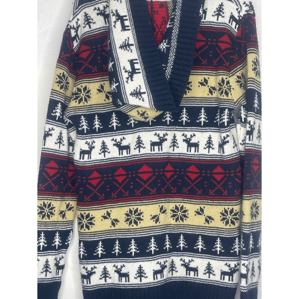 Picture Organic Clothing Fair Isle Hooded Cardigan Sweater Wool Blend Navy Red S